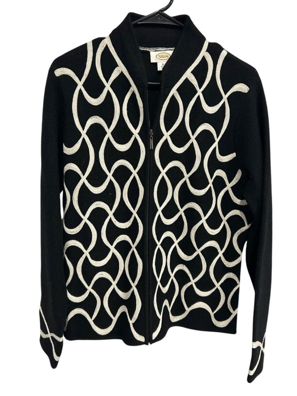 Talbots XL Black Wool Zip-Up Cardigan White Embroidered Swirl Retro Cozycore